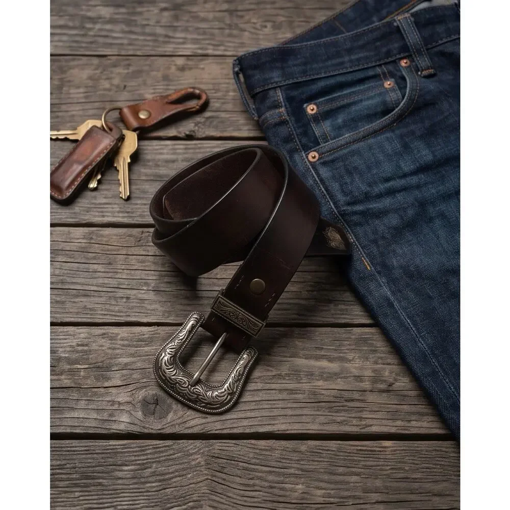 American Bison Mens Size Medium 38-40L Brown Tooled Leather Western Cowboy Belt